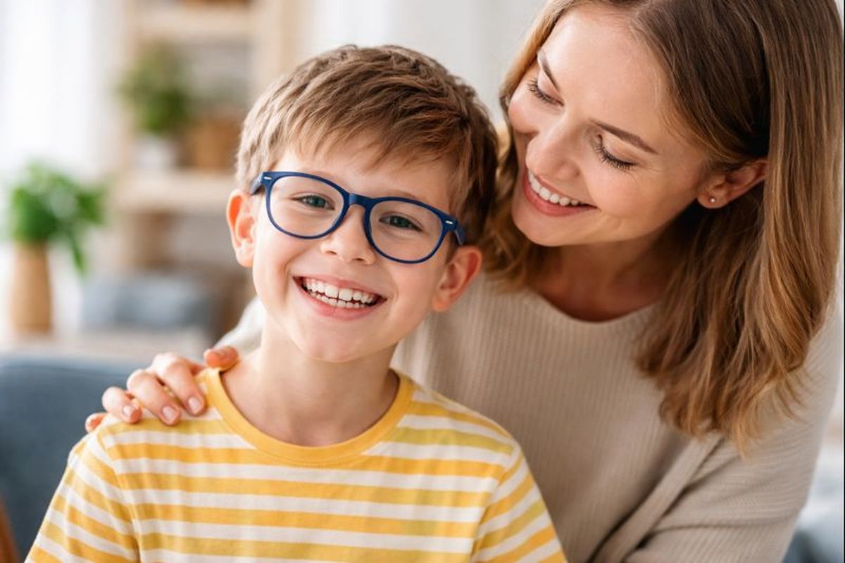 gyermek szemüvegben mosolyog, büszke anya ölelésében