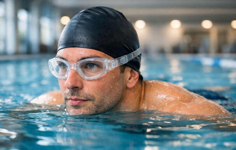 Megfelelő szemvédelem úszószemüvegben férfi úszik.